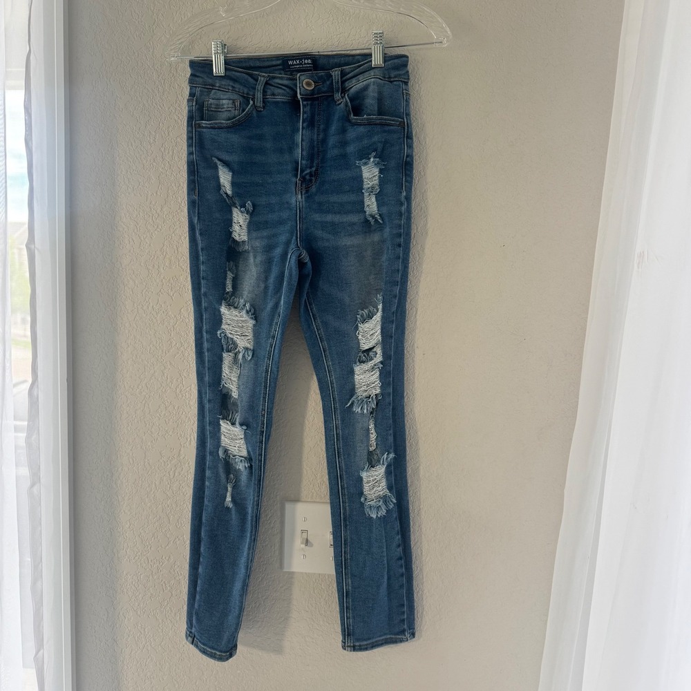 Wax Jean Women 5/27 Medium Wash High Rise Distressed Skinny Jeans 90187